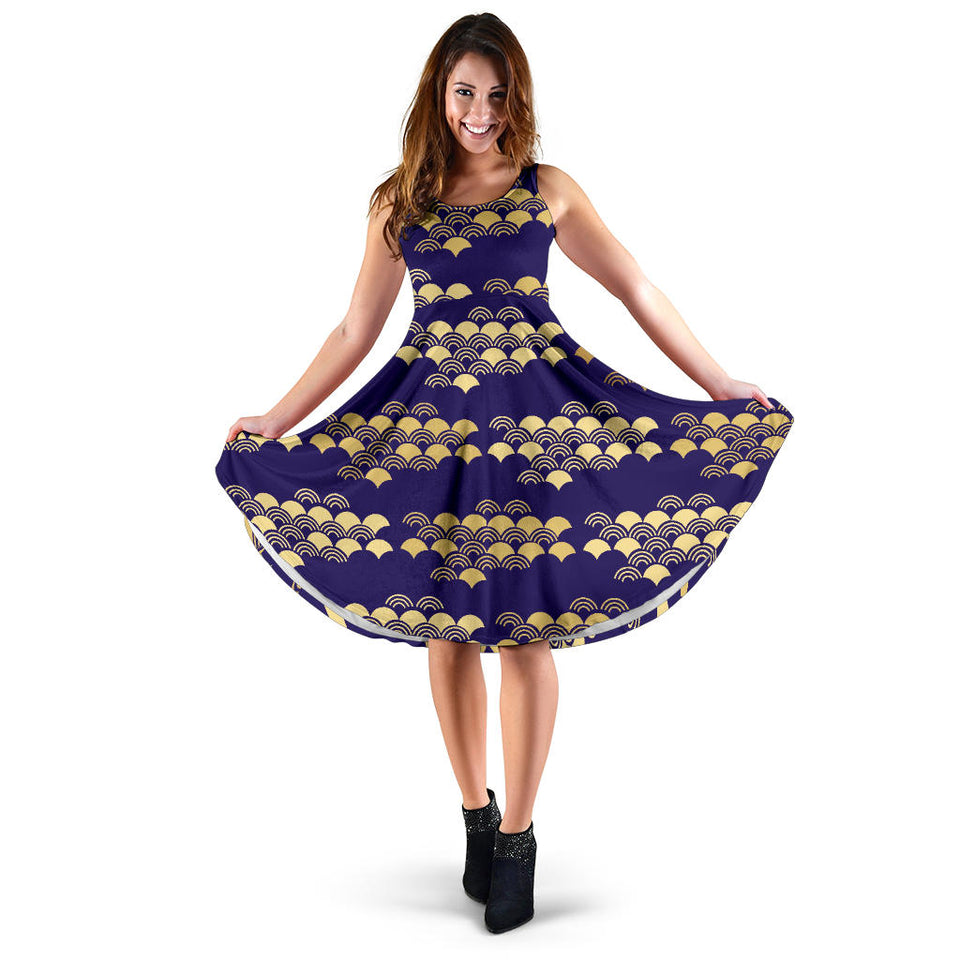 Beautiful Japanese Fan Pattern Sleeveless Midi Dress