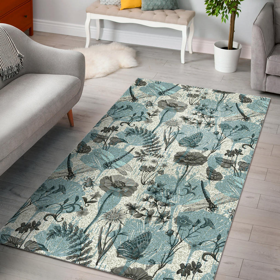 Dragonfly Butterfly Plants Insect Flower Vintage Style Pattern Area Rug