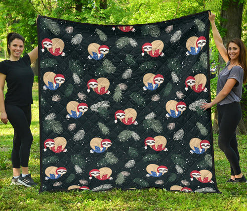 Cute Sloths Sleeping Christmas Ball Santa Hat Pattern Premium Quilt