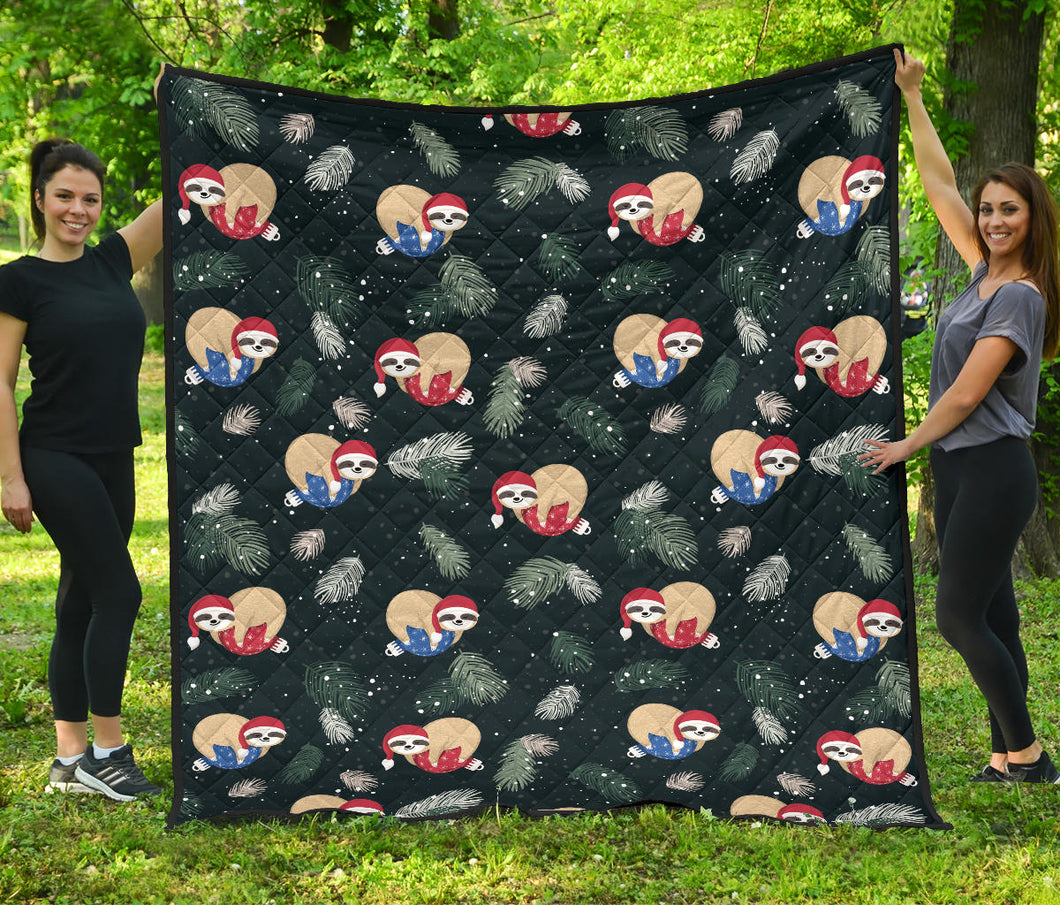 Cute Sloths Sleeping Christmas Ball Santa Hat Pattern Premium Quilt