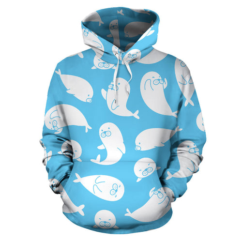 Cute White Sea Lion Seals Pattern Men Women Pullover Hoodie
