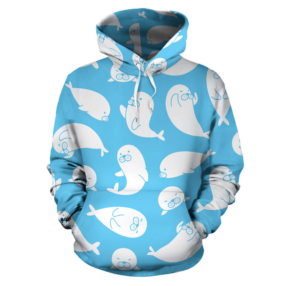 Cute White Sea Lion Seals Pattern Men Women Pullover Hoodie