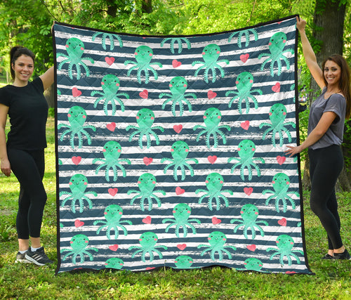 Cute Octopuses Heart Striped Background Premium Quilt