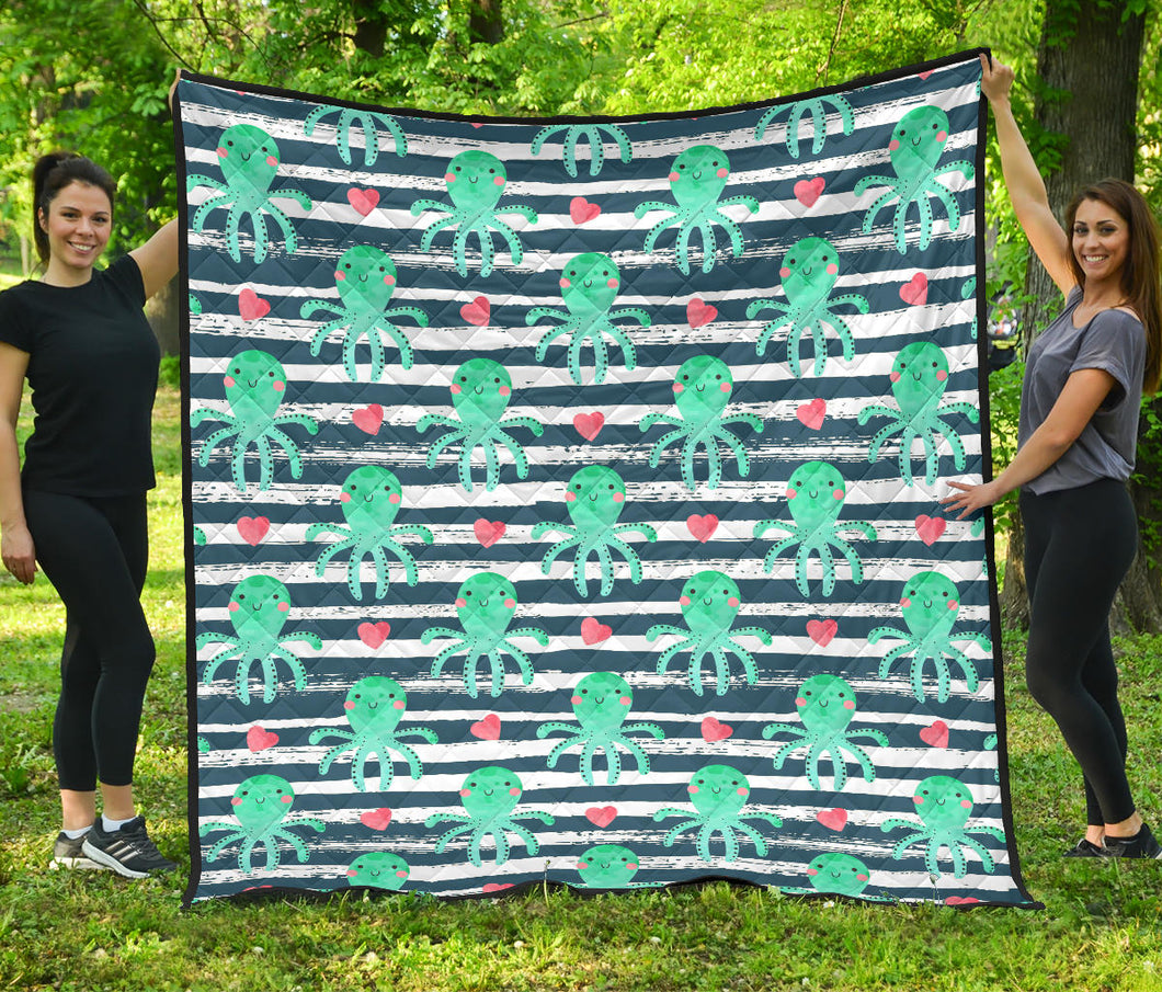 Cute Octopuses Heart Striped Background Premium Quilt