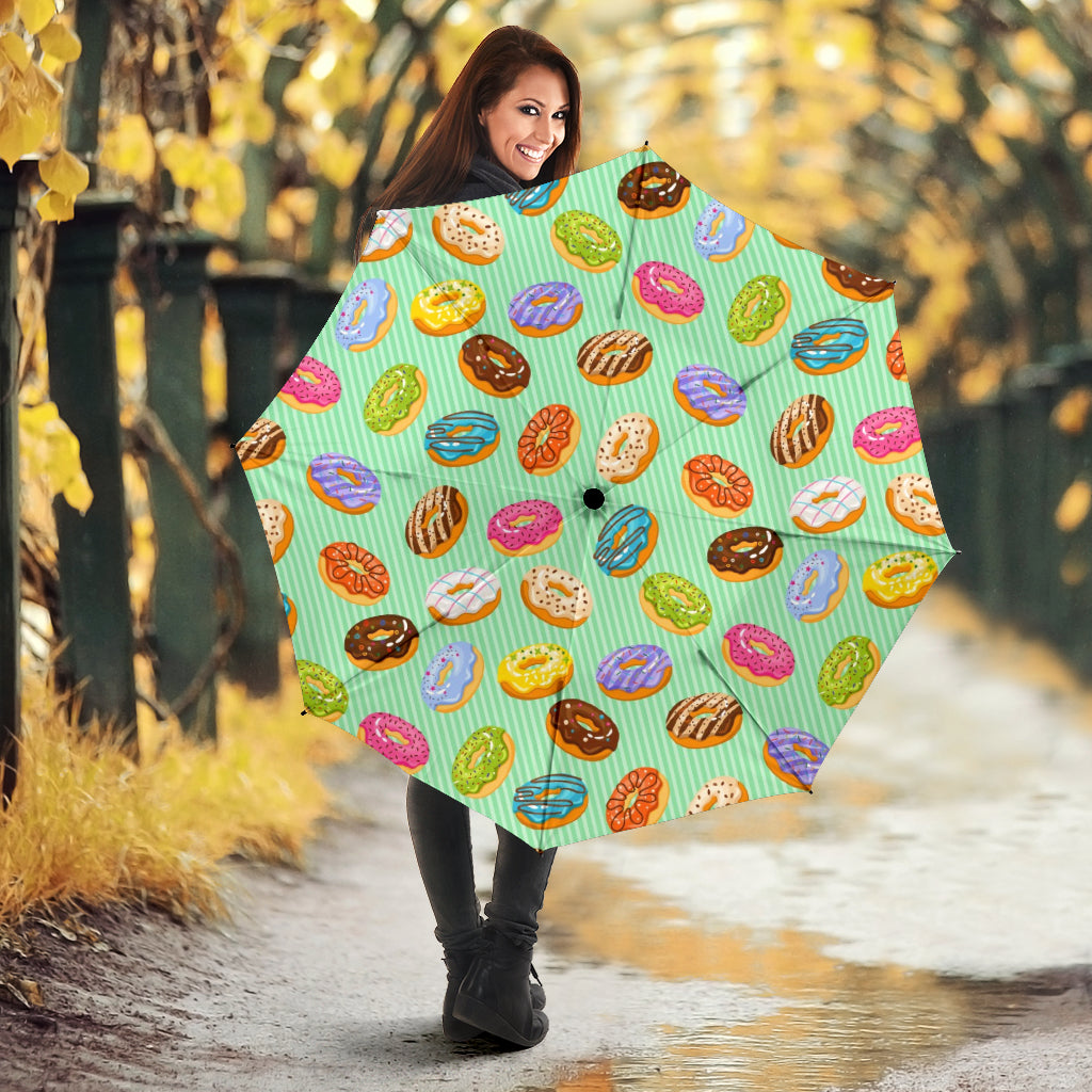 Colorful Donut Pattern Green Background Umbrella