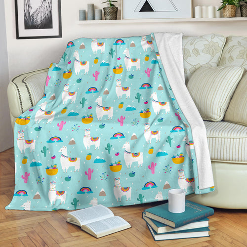 Llama Alpaca Cactus Leaves Pattern Premium Blanket