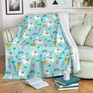 Llama Alpaca Cactus Leaves Pattern Premium Blanket
