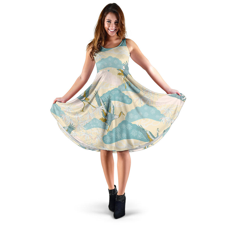 Bonsai Bamboo Stork Japanese Pattern Cream Theme Sleeveless Midi Dress