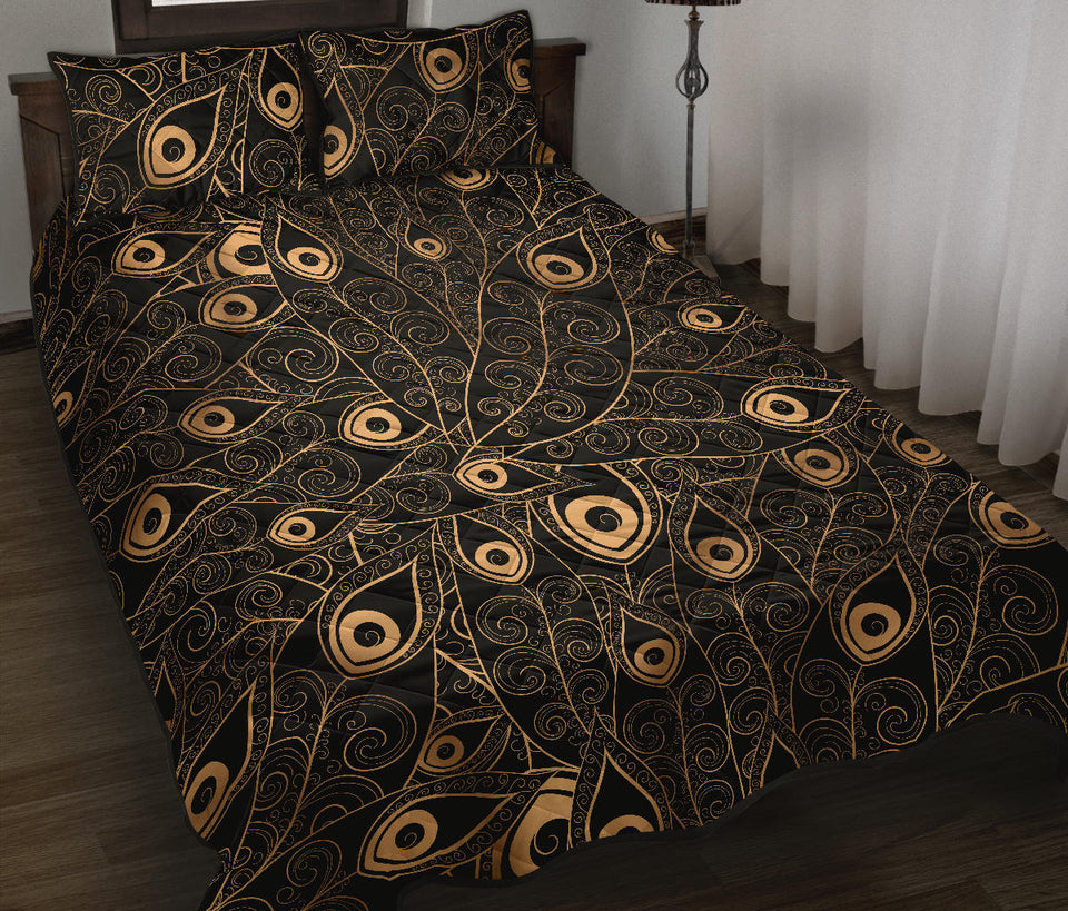 Gold peacock feather pattern Quilt Bed Set