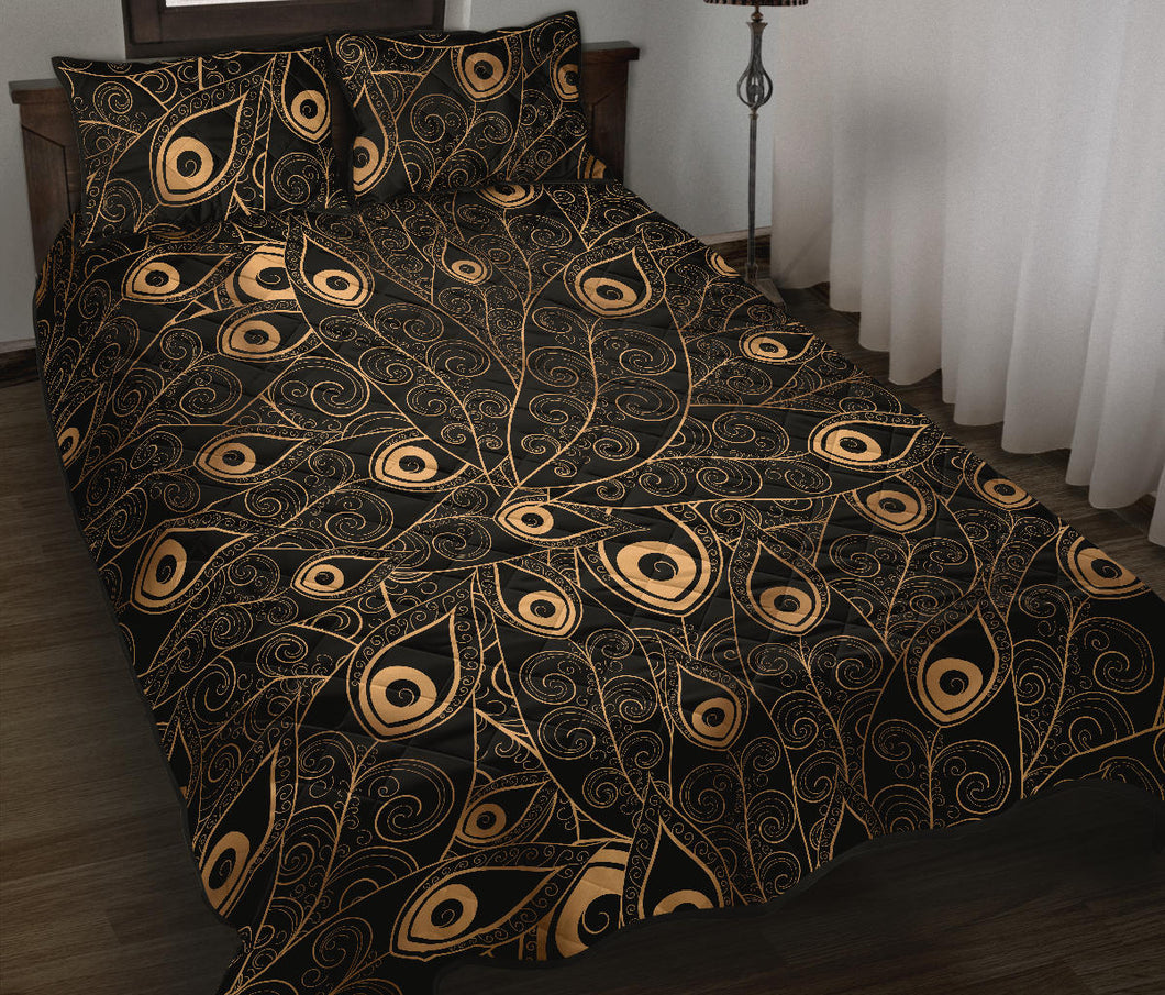Gold peacock feather pattern Quilt Bed Set