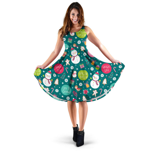 Snowman Bird Decorative Elements Christmas Pattern Sleeveless Midi Dress