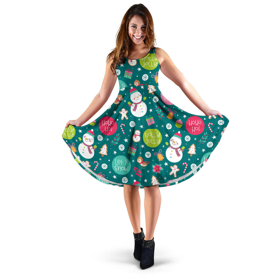 Snowman Bird Decorative Elements Christmas Pattern Sleeveless Midi Dress