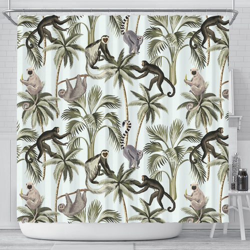 Monkey Sloth Lemur Palm Trees Pattern Shower Curtain Fulfilled In US