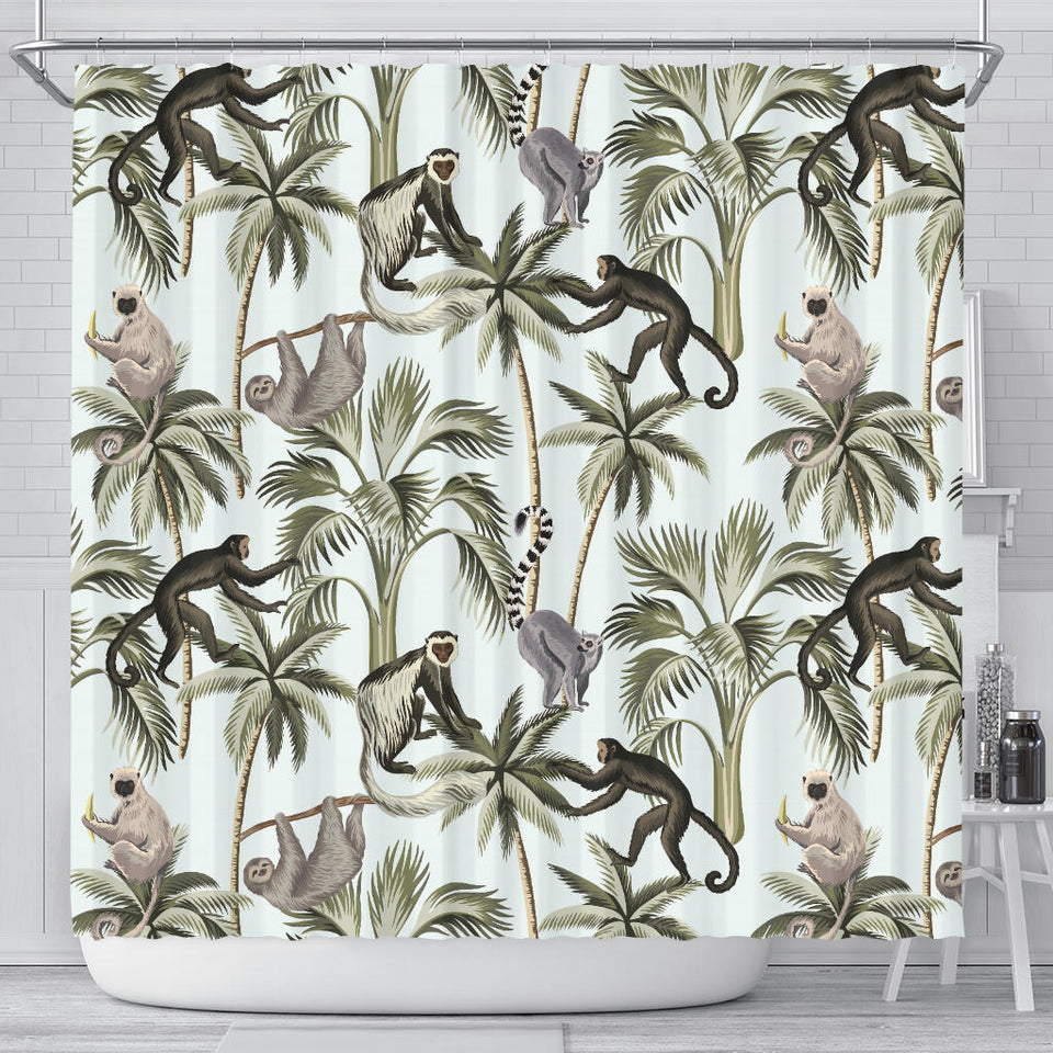 Monkey Sloth Lemur Palm Trees Pattern Shower Curtain Fulfilled In US