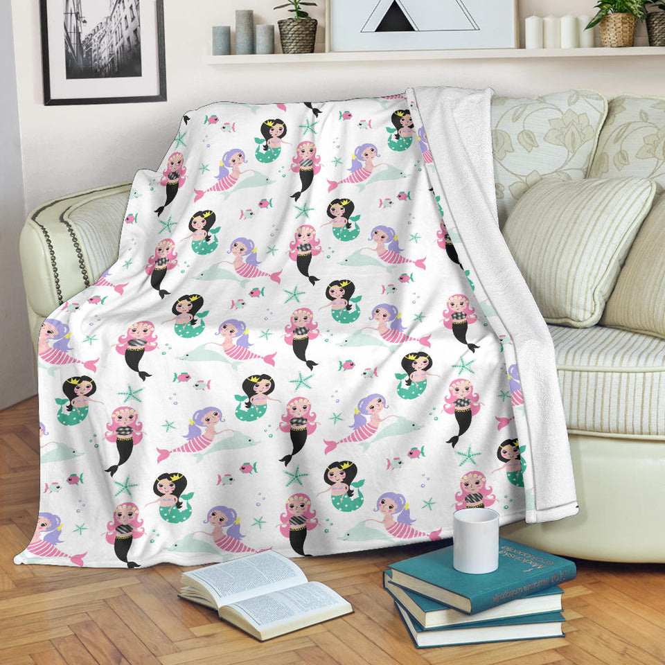 Cute Mermaid Dolphin Fish Starfish Pattern Premium Blanket