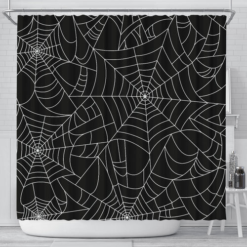 Spider Web Pattern Black Background White Cobweb Shower Curtain Fulfilled In US