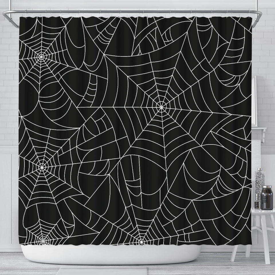 Spider Web Pattern Black Background White Cobweb Shower Curtain Fulfilled In US