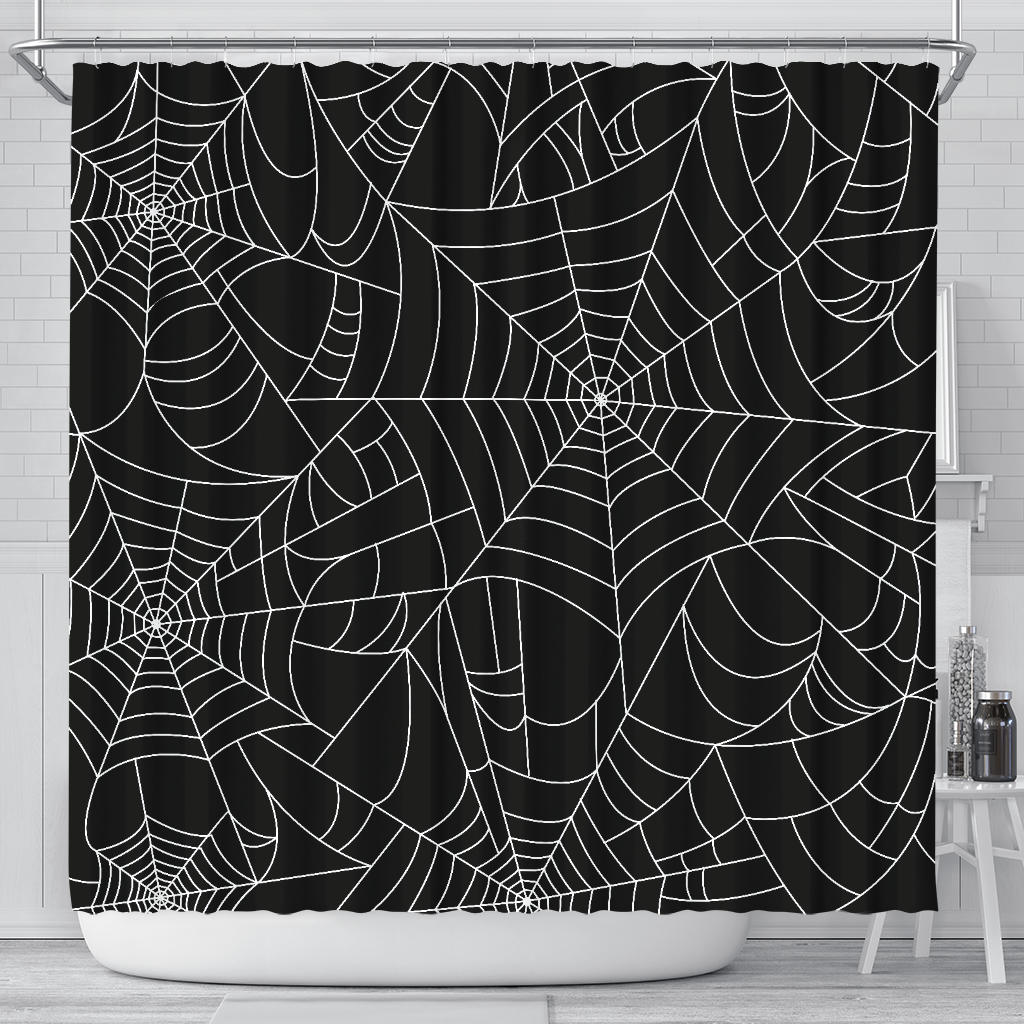 Spider Web Pattern Black Background White Cobweb Shower Curtain Fulfilled In US