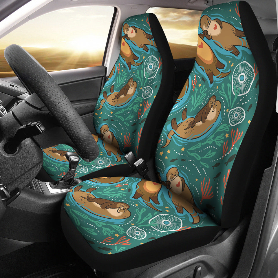 Cute Brown Sea Otters Ornamental Seaweed Corals Green Water Universal Fit Car Seat Covers