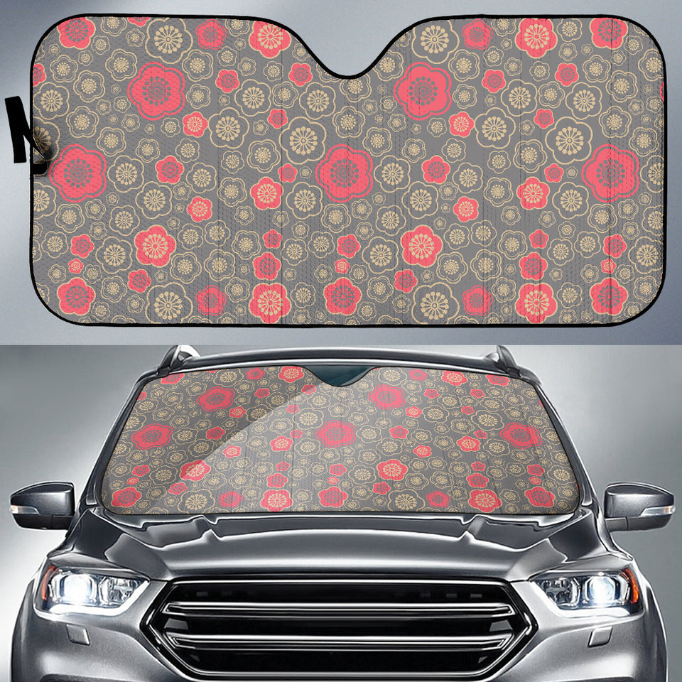 Red Gold Sakura Cherry Blossom Gray Background Car Sun Shade