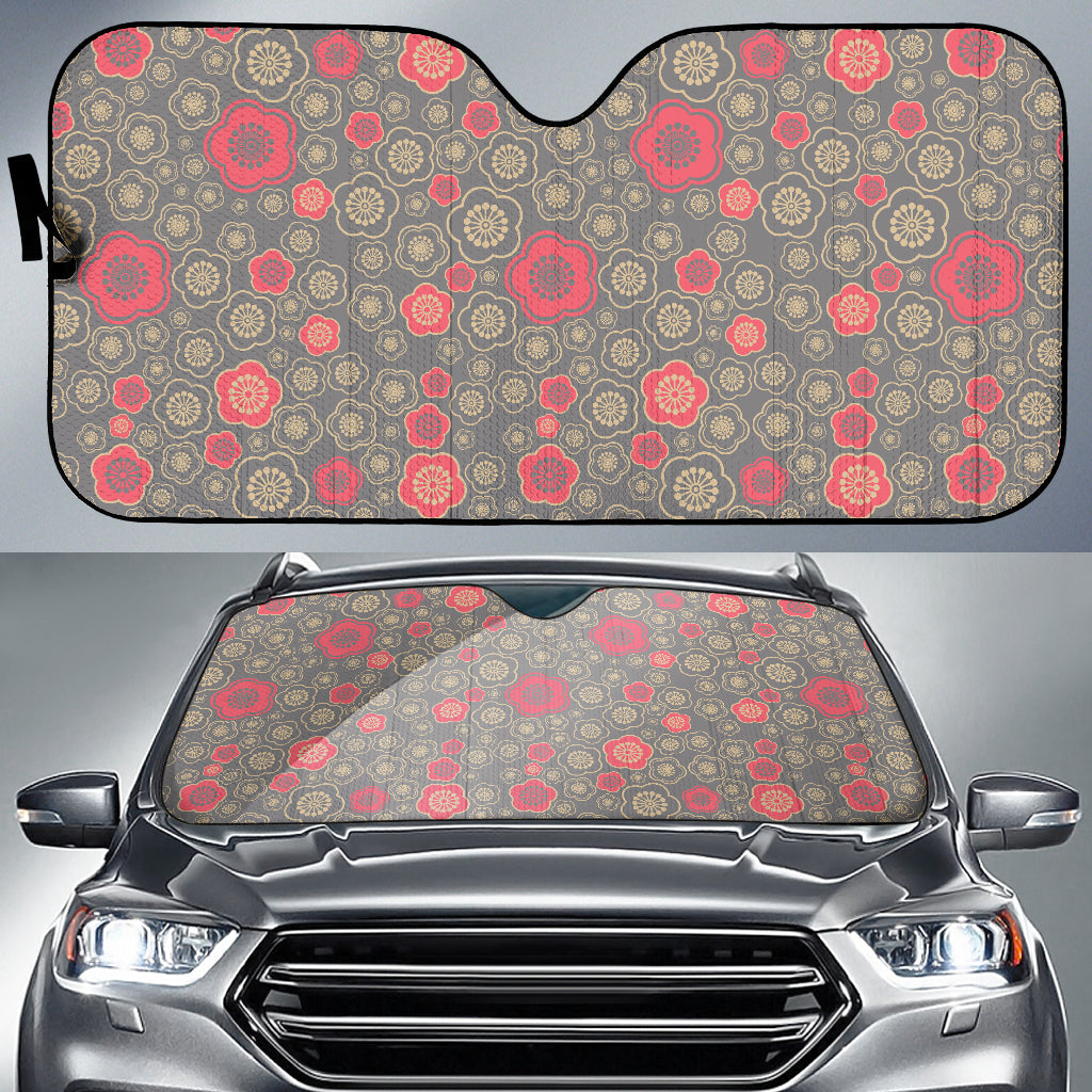 Red Gold Sakura Cherry Blossom Gray Background Car Sun Shade
