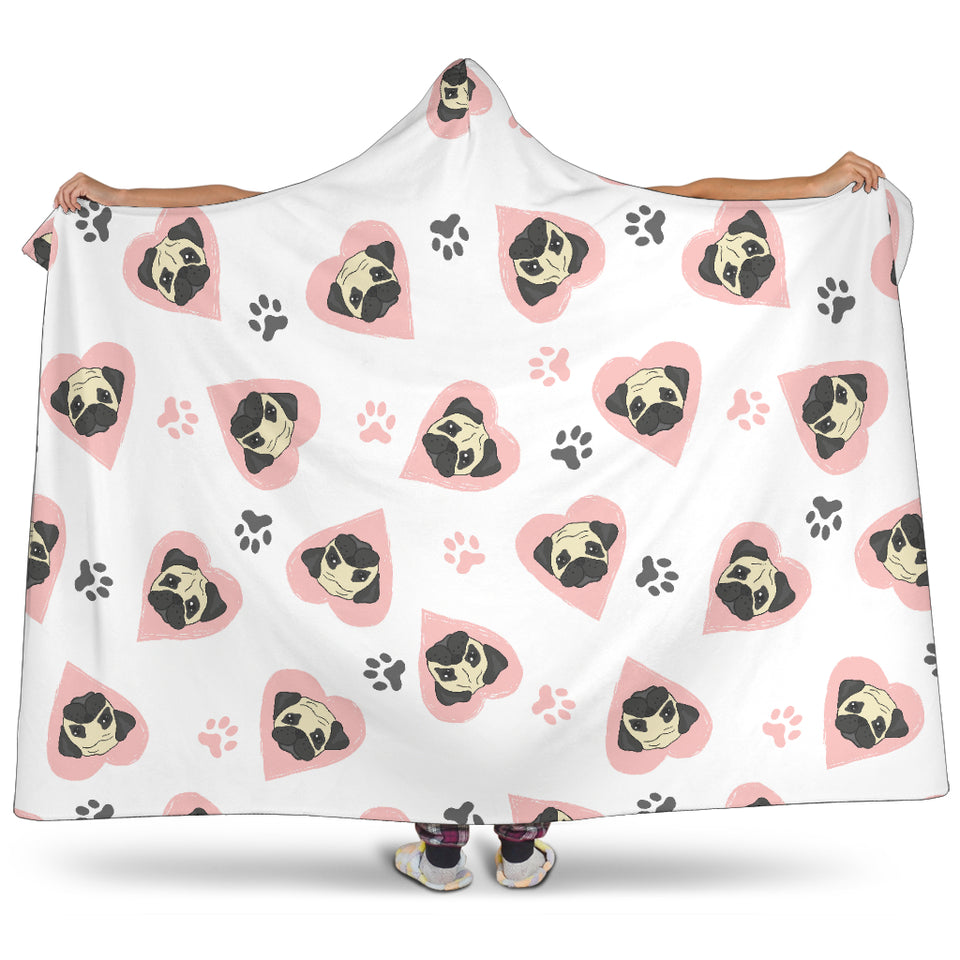 Cute Pugs Pink Heart Paw Pattern Hooded Blanket