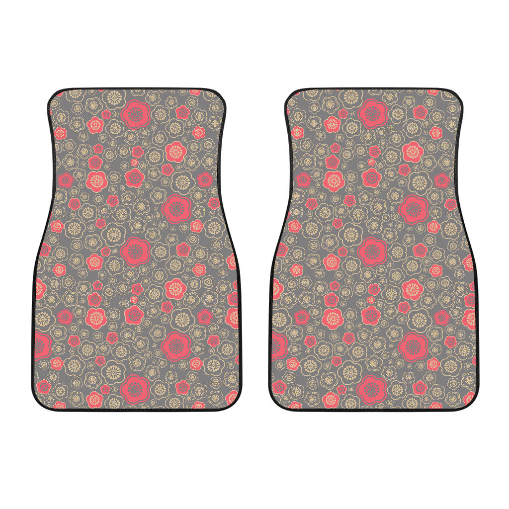 Red Gold Sakura Cherry Blossom Gray Background Front Car Mats
