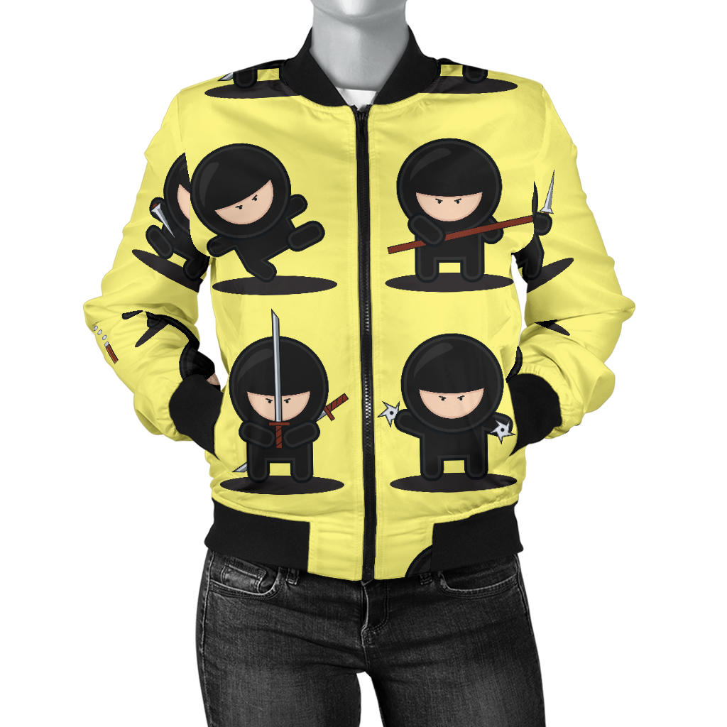 Cute Ninja Yellow Background Women'S Bomber Jacket