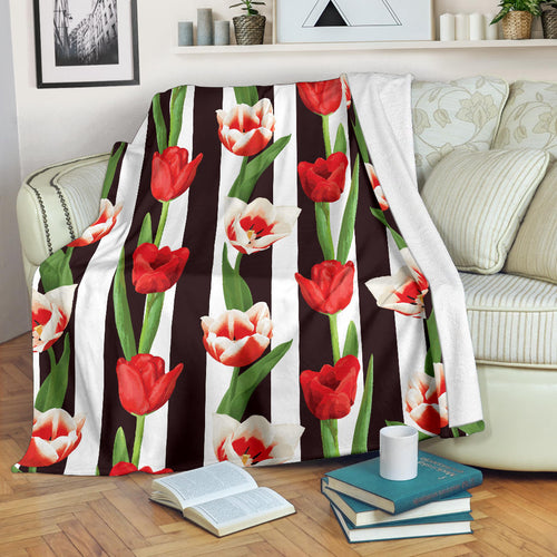 Red And White Tulips Pattern Premium Blanket
