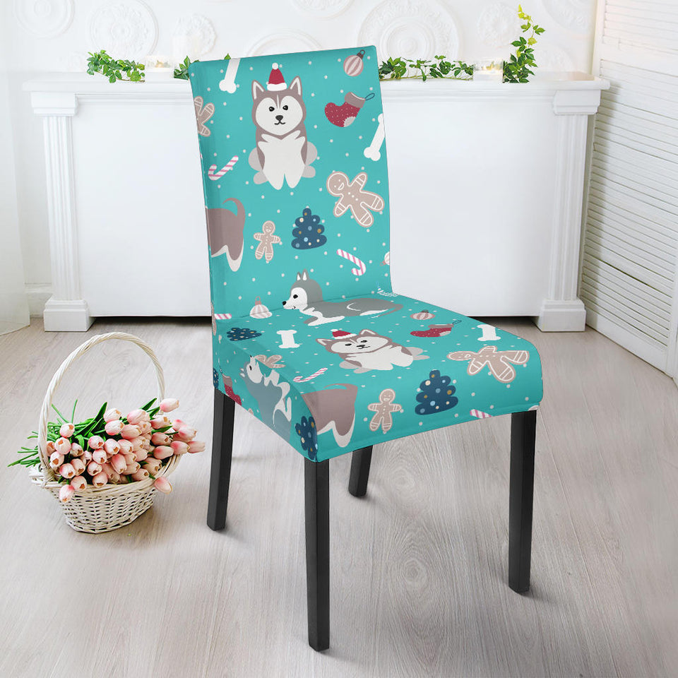 Christmas Cute Siberian Husky Puppie Pattern Dining Chair Slipcover