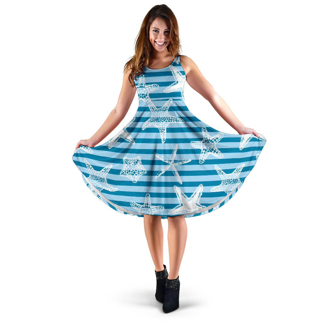 Starfish Blue Blackground Sleeveless Midi Dress