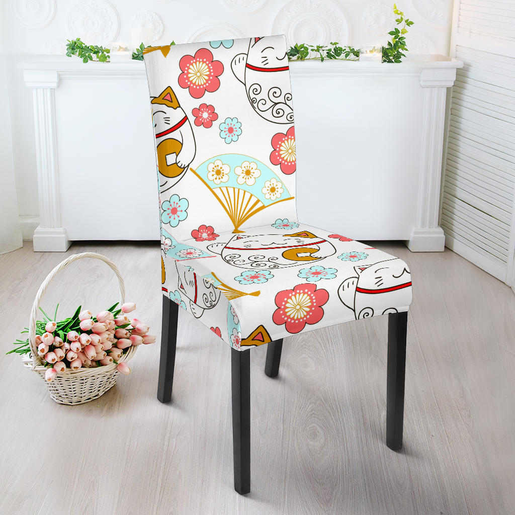 Maneki Neko Lucky Cat Fan Sakura Dining Chair Slipcover