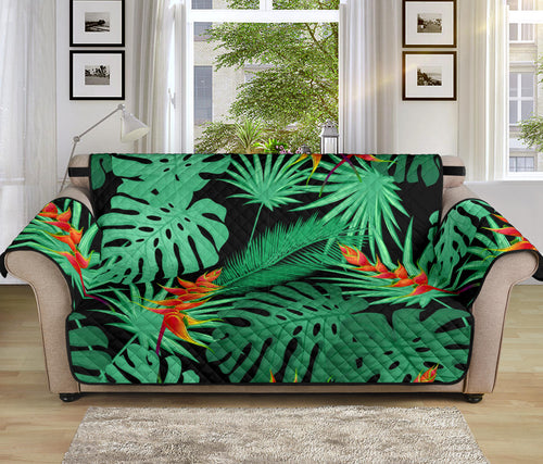 heliconia flower palm monstera leaves black background Sofa Cover Protector