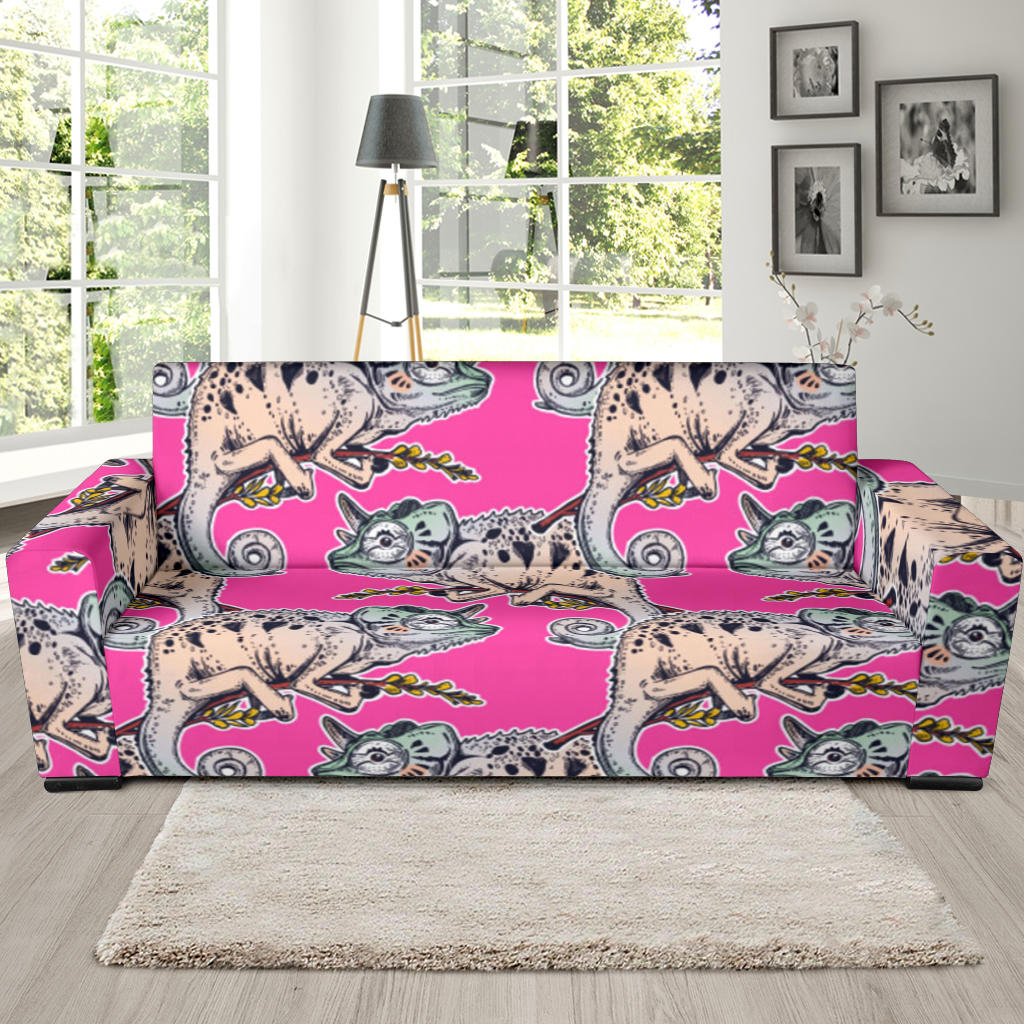 Chameleon Lizard Pattern Pink Background Sofa Slipcover