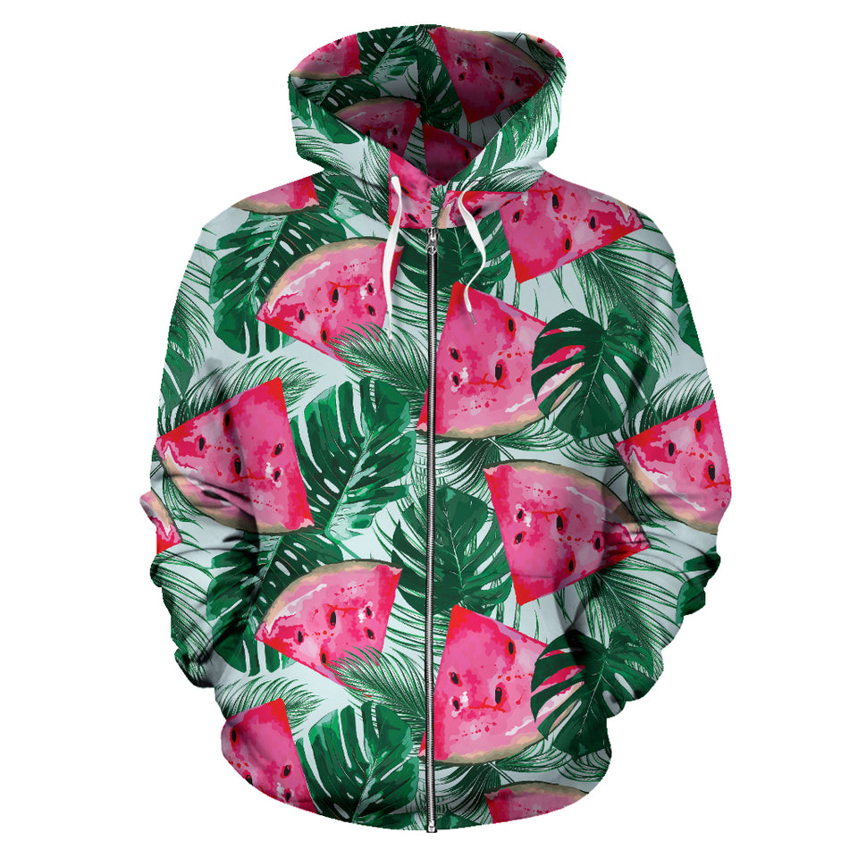 Watermelons Tropical Palm Leaves Pattern Zip Up Hoodie
