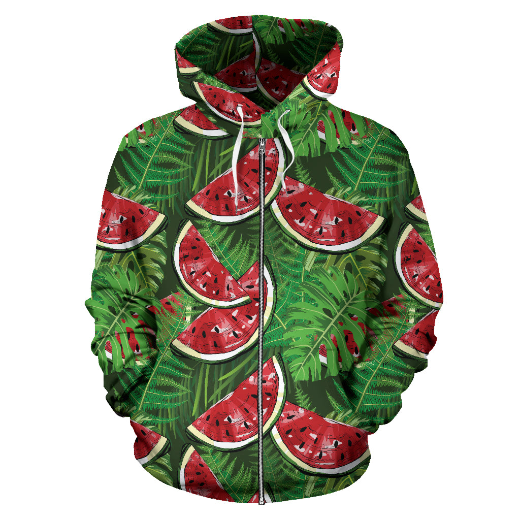 Watermelons Tropical Palm Leaves Pattern Background Zip Up Hoodie