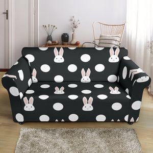 Cute White Rabbit Polka Dots Black Background Loveseat Couch Slipcover