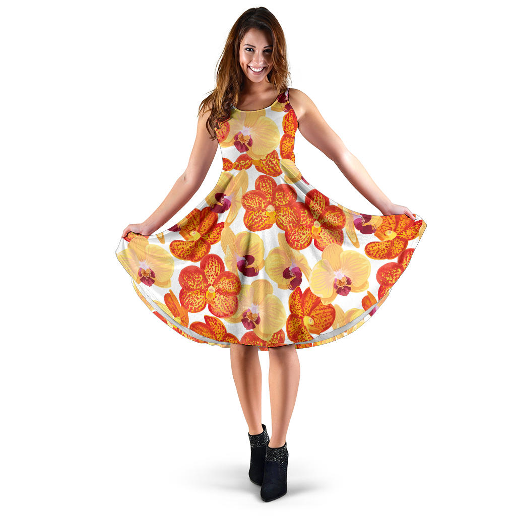 Orange Yellow Orchid Flower Pattern Background Sleeveless Midi Dress