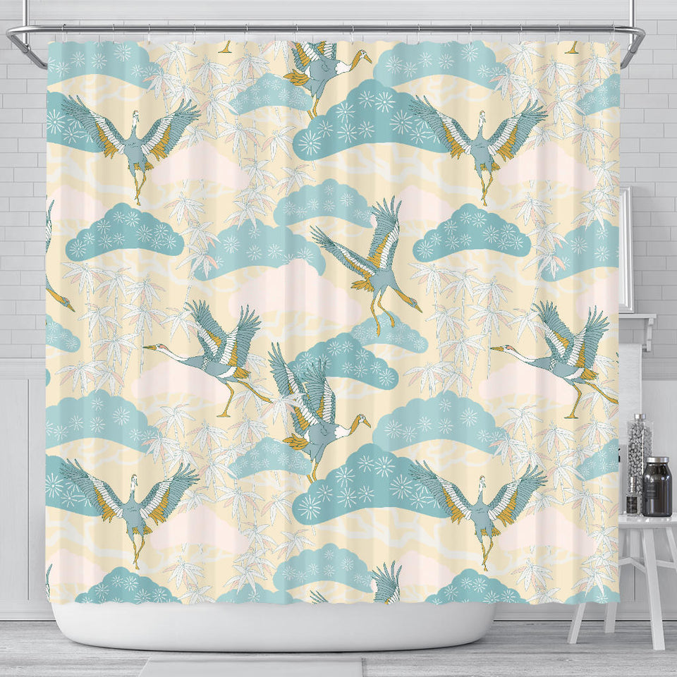Bonsai Bamboo Stork Japanese Pattern Cream Theme Shower Curtain Fulfilled In US