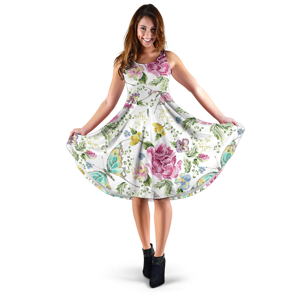 Hand Drawn Butterfly Rose Sleeveless Midi Dress