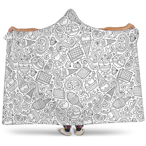 Cartoon Hand Drawn Ice Cream Black White Hooded Blanket