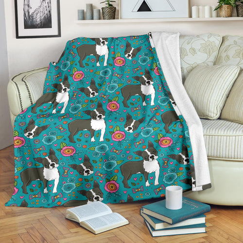 Boston Terrier Beautiful Flower Pattern Premium Blanket