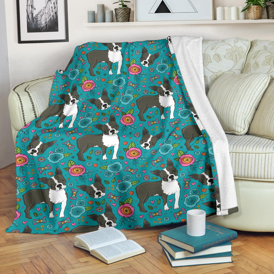Boston Terrier Beautiful Flower Pattern Premium Blanket