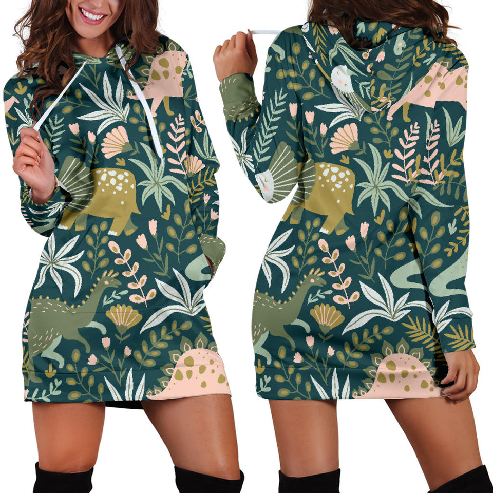 Dinosaurs Tropical Leaves Flower Pattern Women'S Hoodie Dress