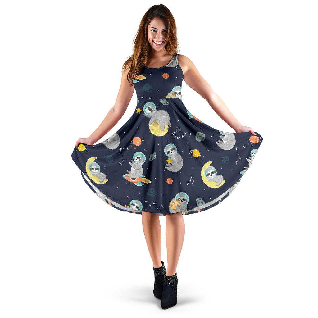 Cute Sloth Astronaut Star Planet Rocket Pattern Sleeveless Midi Dress
