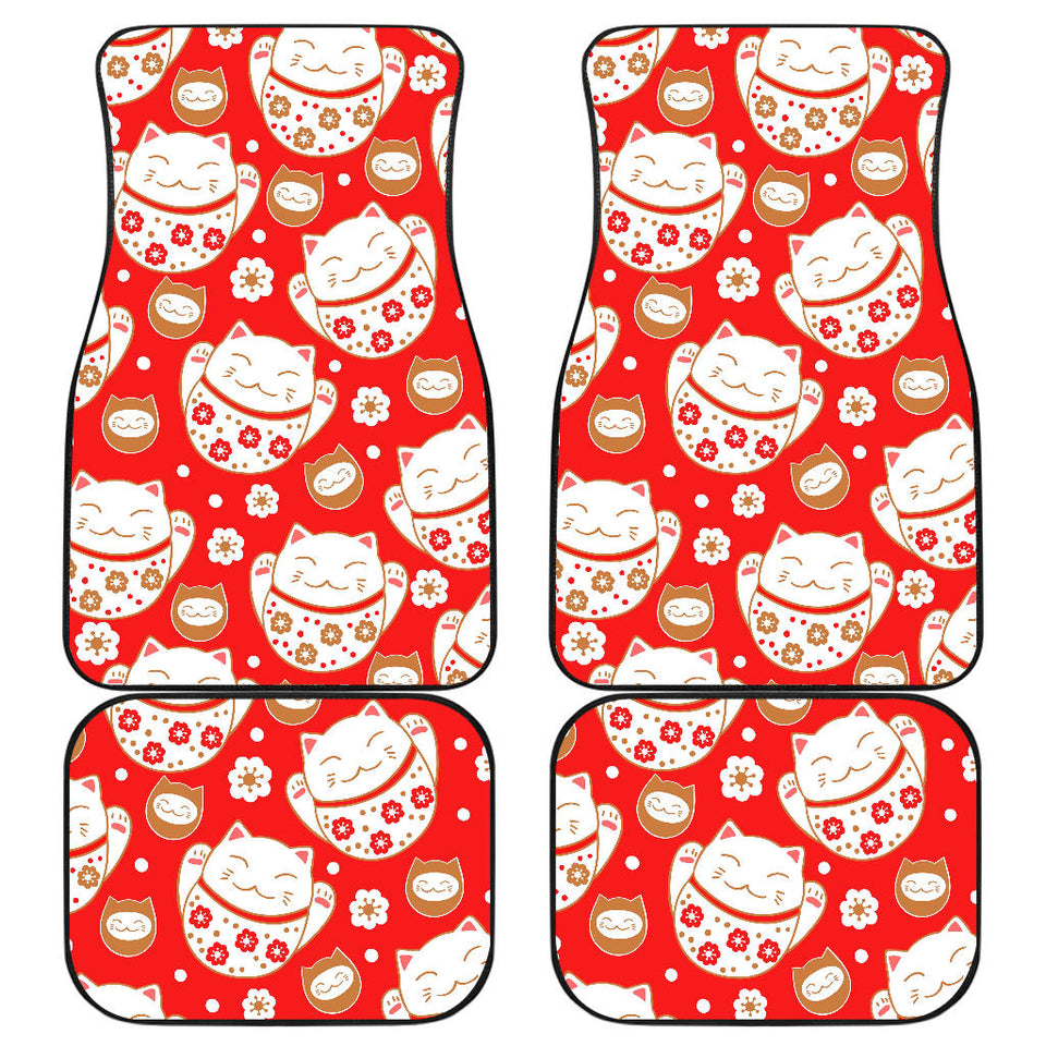Cute Maneki Neko Lucky Cat Red Background Front And Back Car Mats