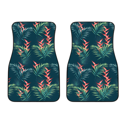 Heliconia Flowers, Palm And Monstera Leaves On Black Background Pattern Front Car Mats