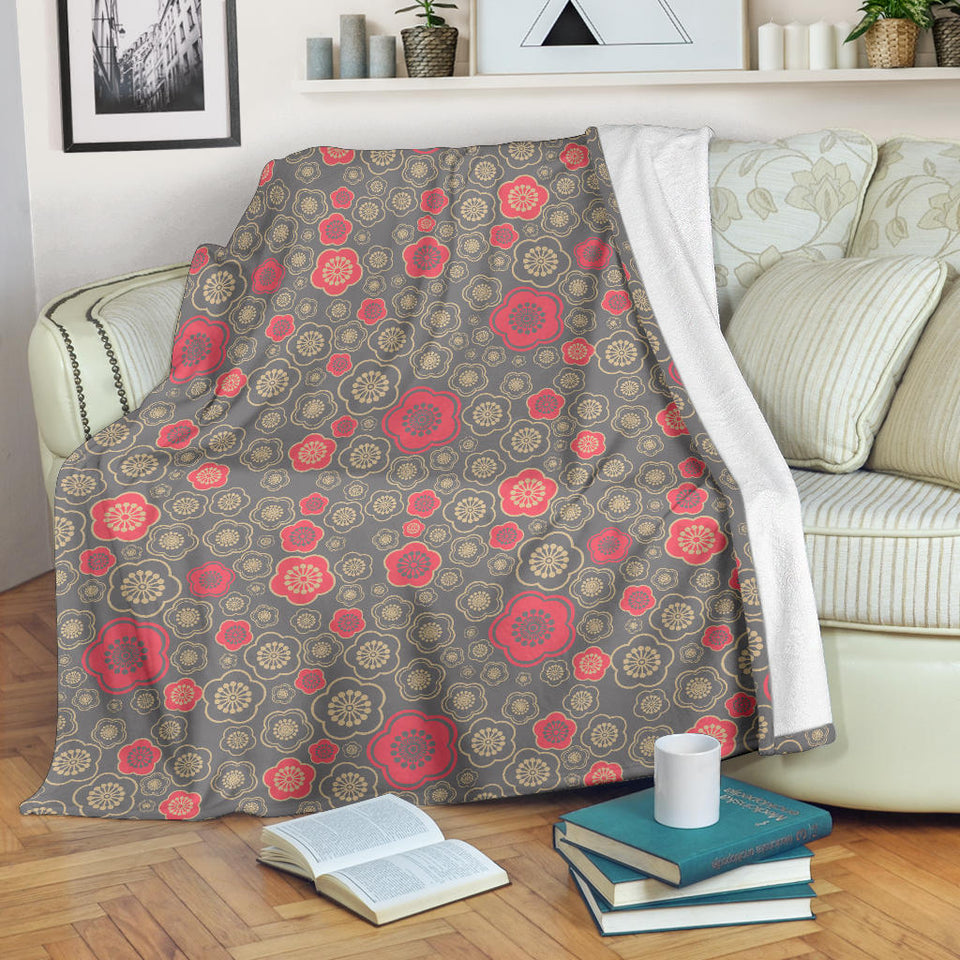 Red Gold Sakura Cherry Blossom Gray Background Premium Blanket