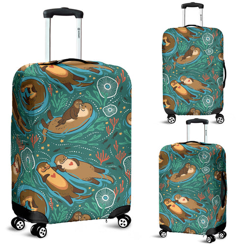 Cute Brown Sea Otters Ornamental Seaweed Corals Green Water Luggage Covers