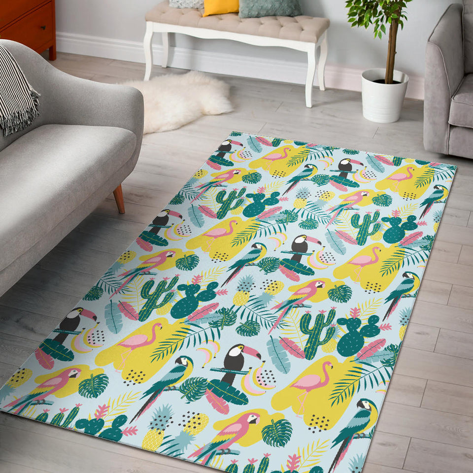 Cute Parrot Toucan Flamingo Cactus Exotic Leaves Pattern Area Rug